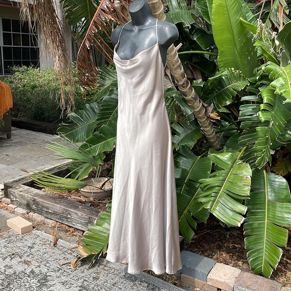 Zara silver cowl neck bias, cut backless slipped dress